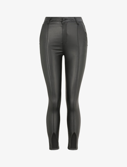 Pantalon en simili à bord avant fendu - Noir - 4