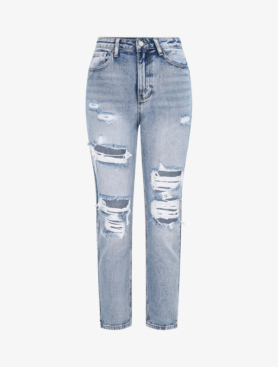 Jean droit déchiré - Bleu denim - 1
