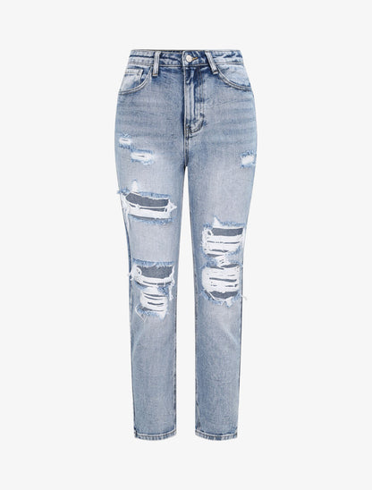 Jean droit déchiré - Bleu denim - 1