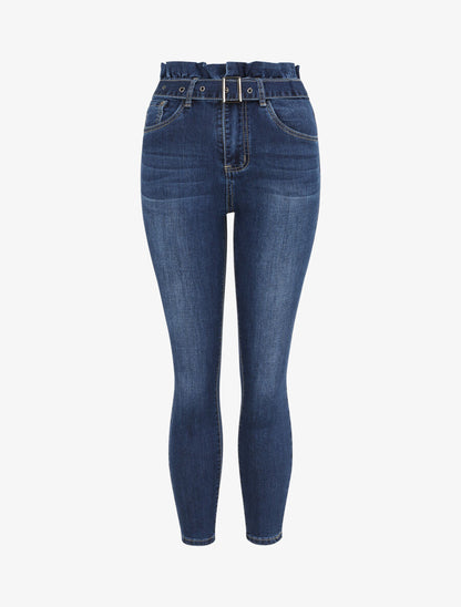 Jean slim 7/8 à taille haute volantée - Bleu foncé - 4