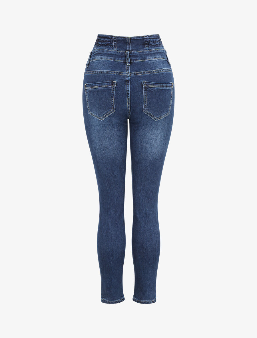 Jean slim à taille empire froncée - Bleu foncé - 2