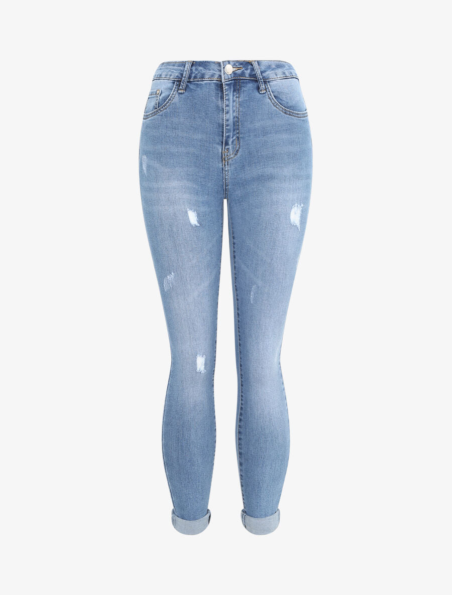 Jean skinny taille haute déchiré - Bleu clair - 1