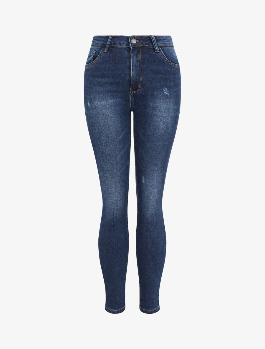 Jean grande taille skinny délavé à taille haute - Bleu - 1