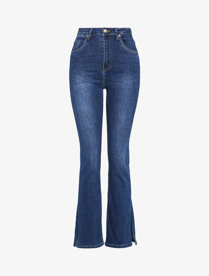 Jean flare légèrement délavé à bords fendus - Bleu denim - 1