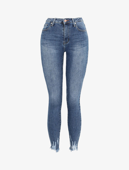 Jean skinny taille haute à bords coupe franche griffés - Bleu - 1
