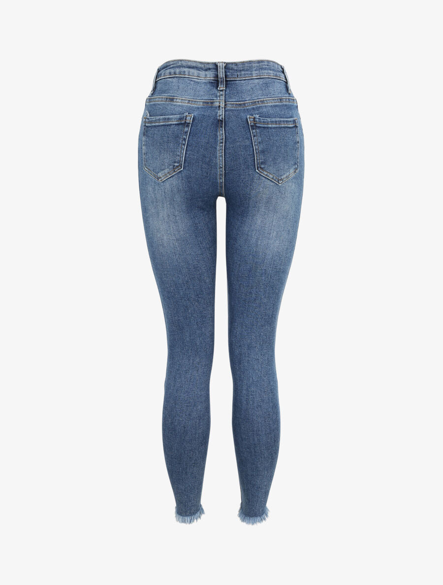 Jean skinny taille haute à bords coupe franche griffés - Bleu - 2