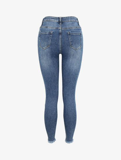 Jean skinny taille haute à bords coupe franche griffés - Bleu - 2