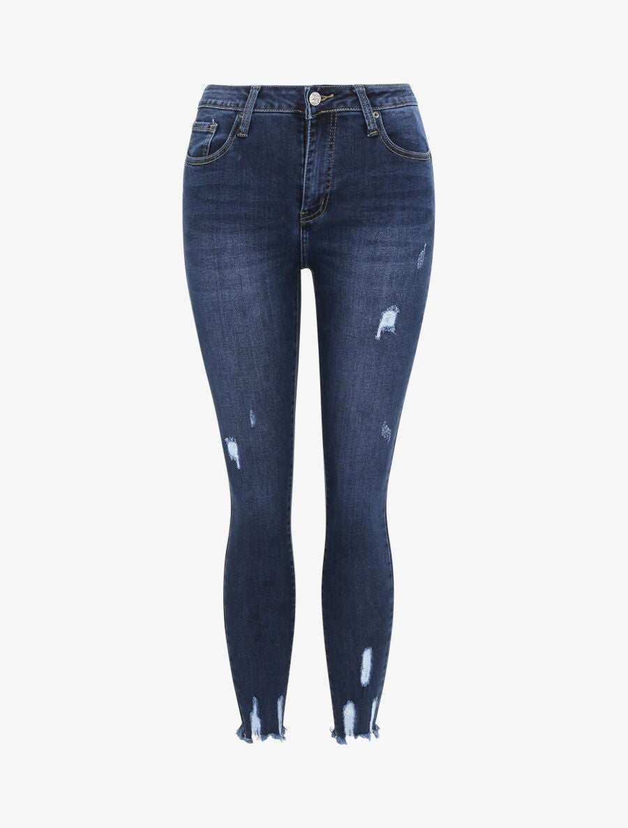 Jean skinny push-up déchiré taille haute - Bleu foncé - 4