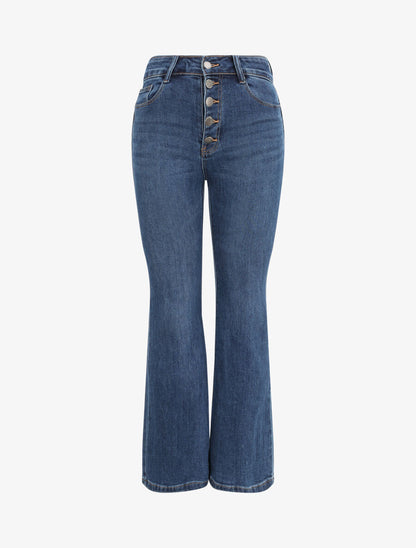 Jean flare à taille haute boutonnée - Bleu - 1
