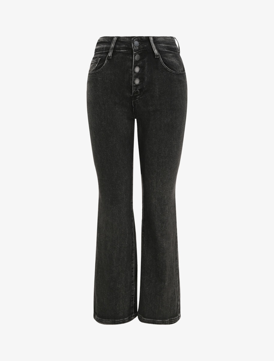 Jean flare à taille haute boutonnée - Noir - 1
