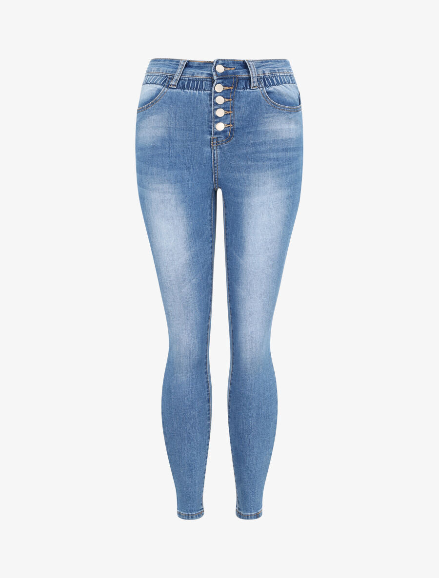 Jean skinny à taille haute élastiquée - Bleu - 3