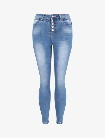 Jean skinny à taille haute élastiquée - Bleu - 3