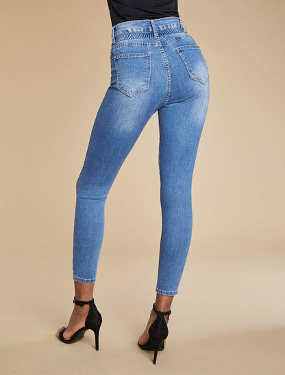 Jean skinny à taille haute élastiquée - Bleu - 2