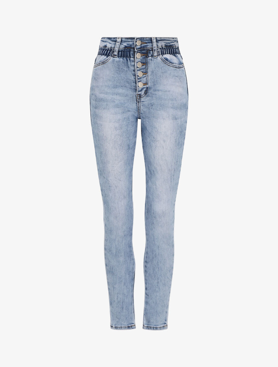 Jean slim à taille empire élastiquée - Bleu denim - 1