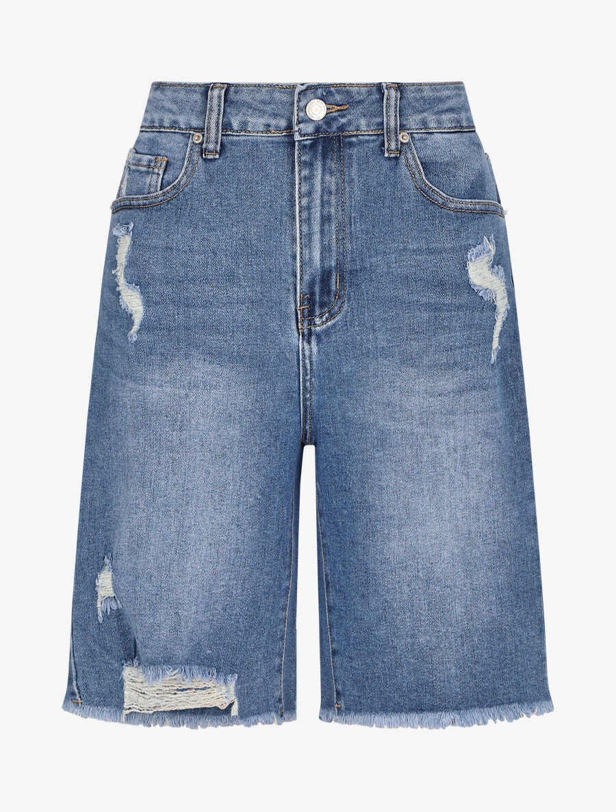 Bermuda droit à bord effilochés - Bleu denim - 1