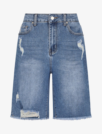 Bermuda droit à bord effilochés - Bleu denim - 1