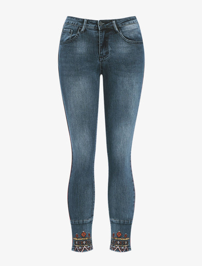 Jean à liseré et bords brodés - Denim foncé - 1