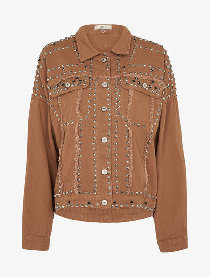 Veste en jean cloutée doublure amovible - Camel - 3