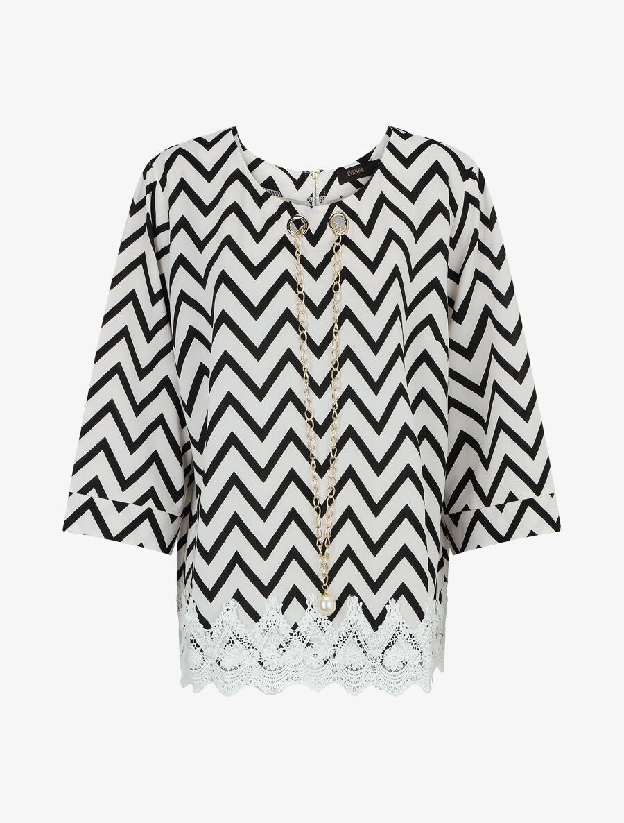 Top grande taille à bords crochet imprimé zig-zag - Blanc - 1