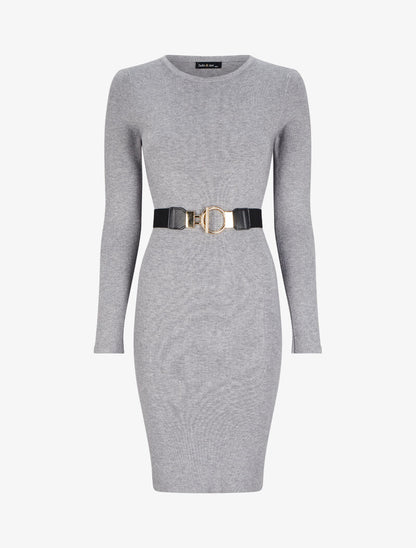 Robe pull unie à ceinture stylisée - Gris chiné - 4