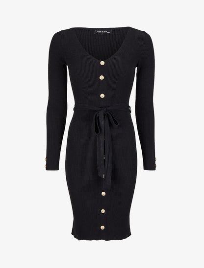 Robe pull mi-longue et côtelée à boutons décoratifs - Noir - 1