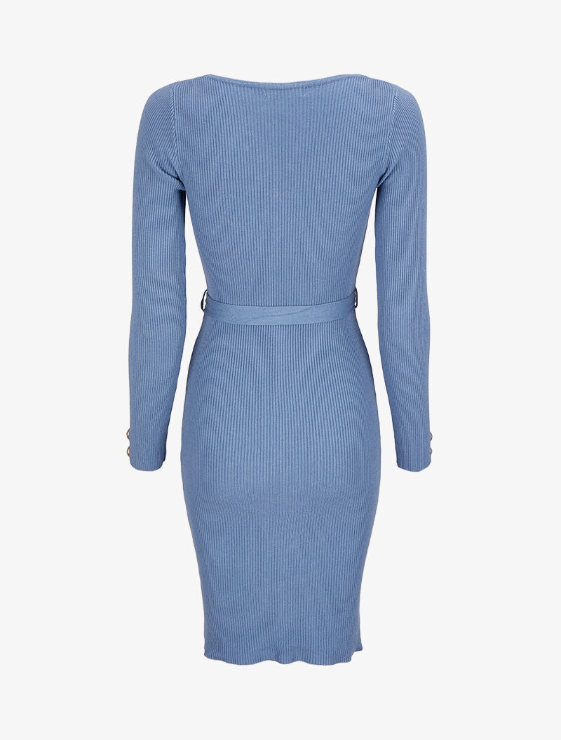 Robe pull mi-longue et côtelée à boutons décoratifs - Bleu - 2