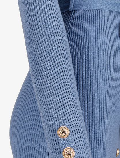 Robe pull mi-longue et côtelée à boutons décoratifs - Bleu - 3