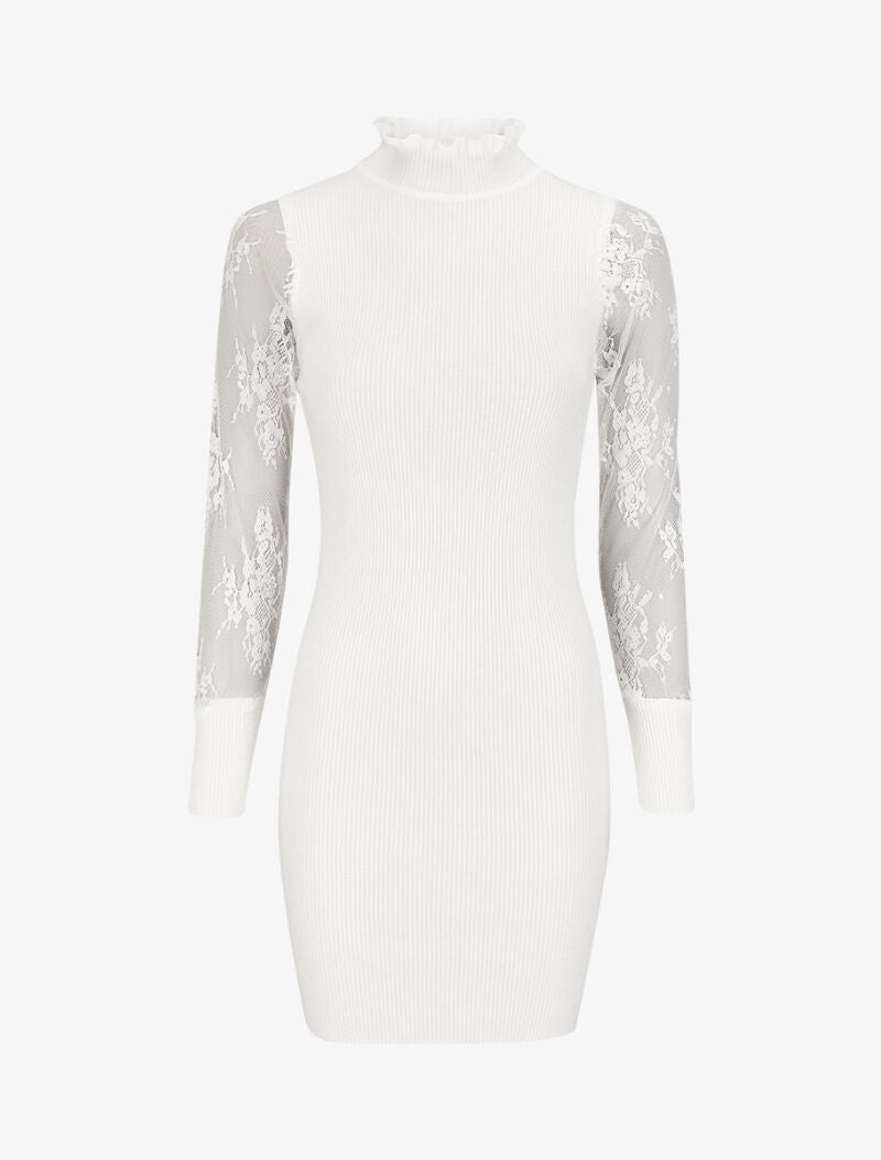 Robe pull côtelée à col volanté et manches en dentelle - Blanc - 1