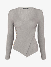 Pull côtelé à col cache-coeur et bord asymétrique - Gris - 1