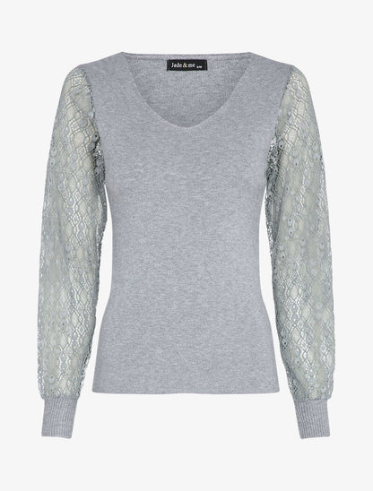 Pull fin à manches en dentelle ajourée - Gris - 1