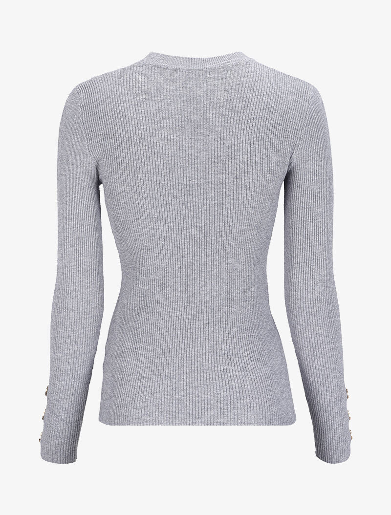 Pull côtelé basique à poignets boutonnés - Gris chiné - 2