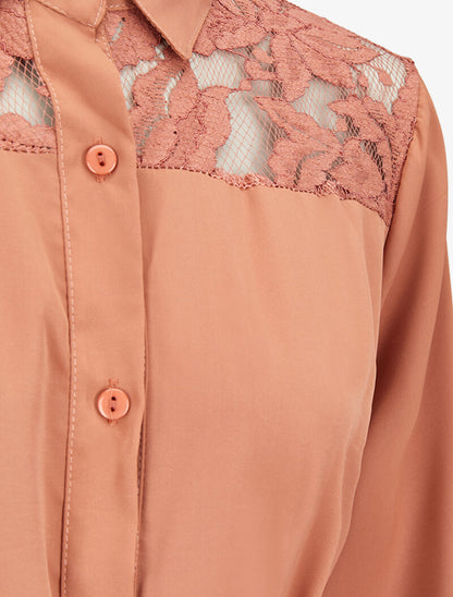 Robe chemise ample à épaules en dentelle - Camel clair - 3