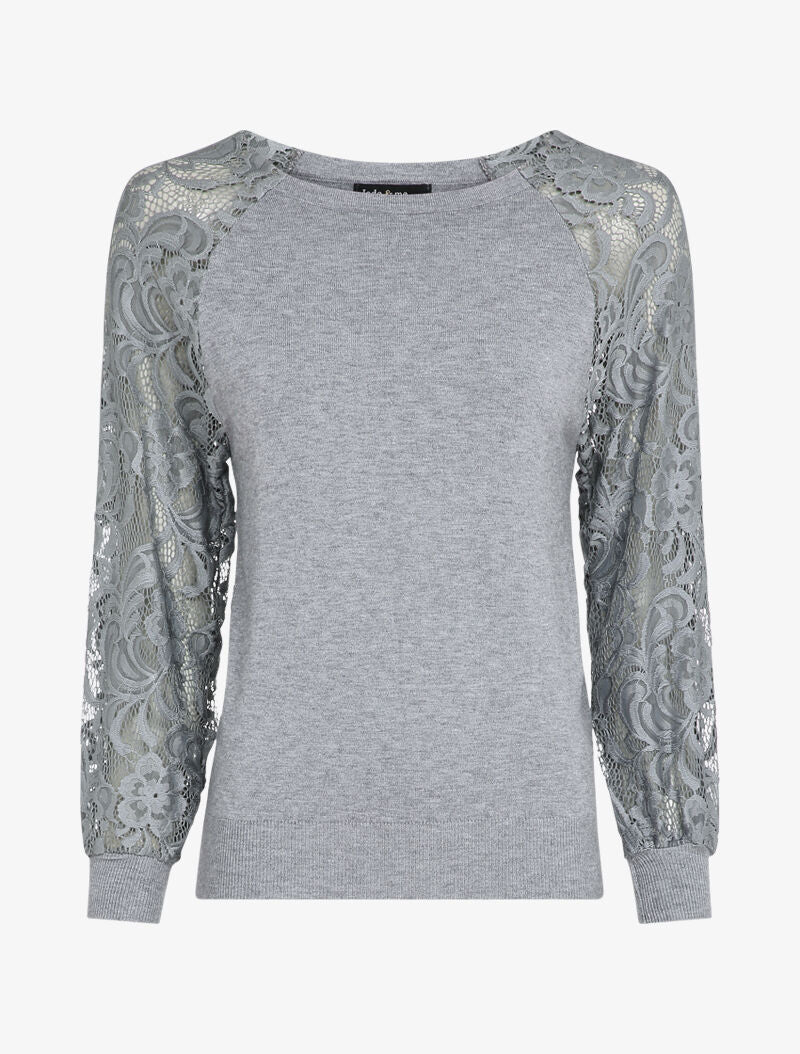 Pull fin à manches brodées - Gris clair - 1