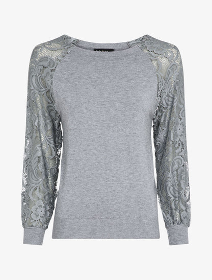 Pull fin à manches brodées - Gris clair - 1