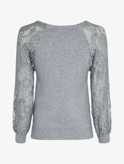 Pull fin à manches brodées - Gris clair - 2