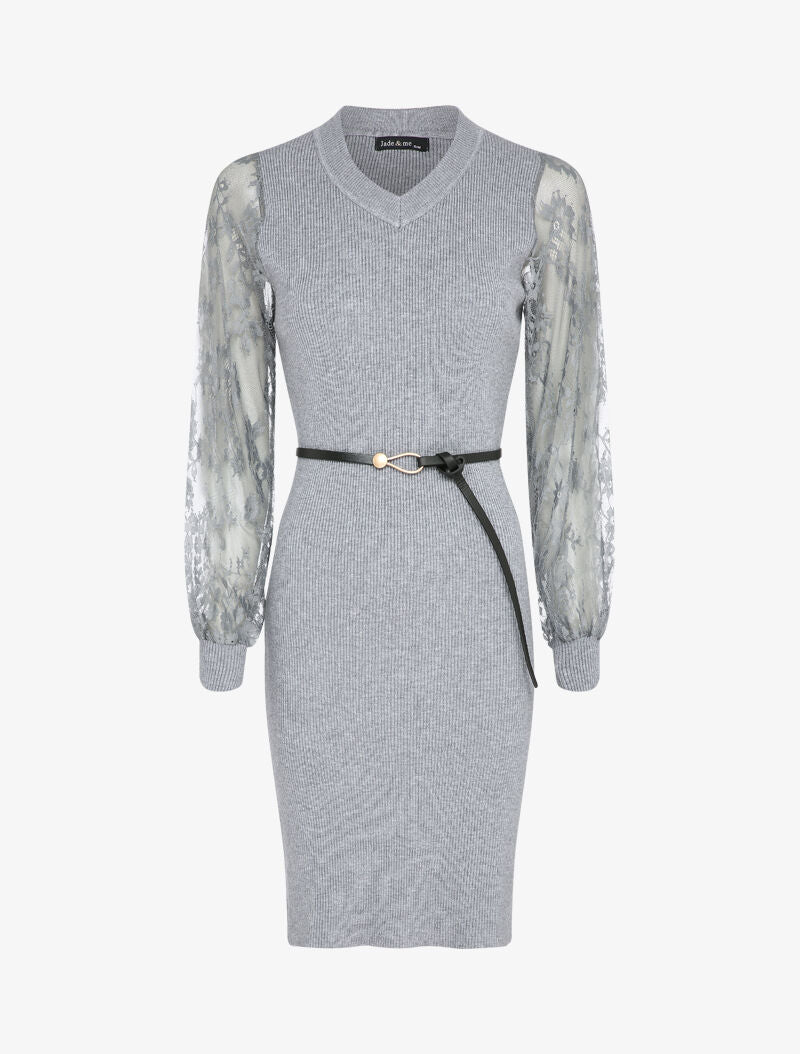 Robe côtelée à manches en dentelle fleurie - Gris - 4