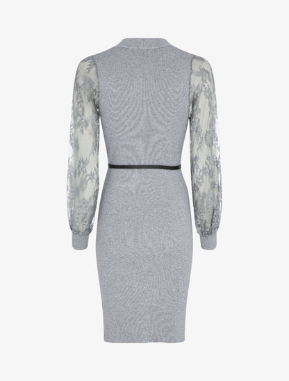 Robe côtelée à manches en dentelle fleurie - Gris - 2