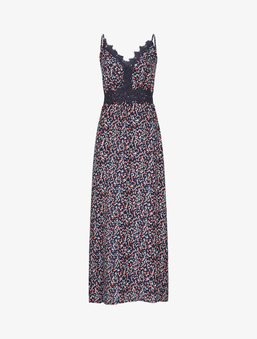 Robe longue à fleurs graphiques et à fines broderies - Marine - 1