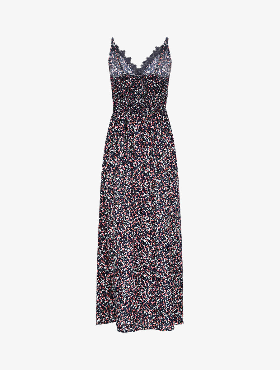 Robe longue à fleurs graphiques et à fines broderies - Marine - 2