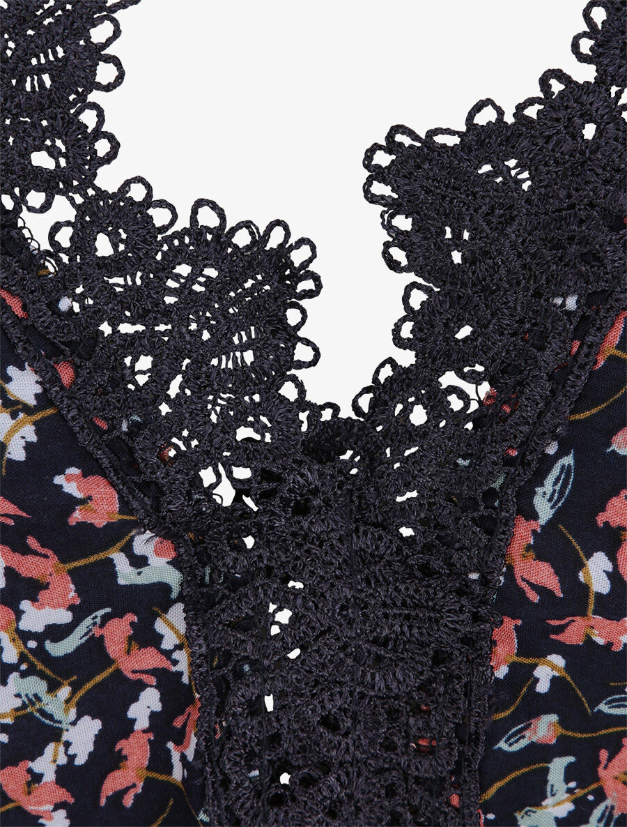 Robe longue à fleurs graphiques et à fines broderies - Marine - 3