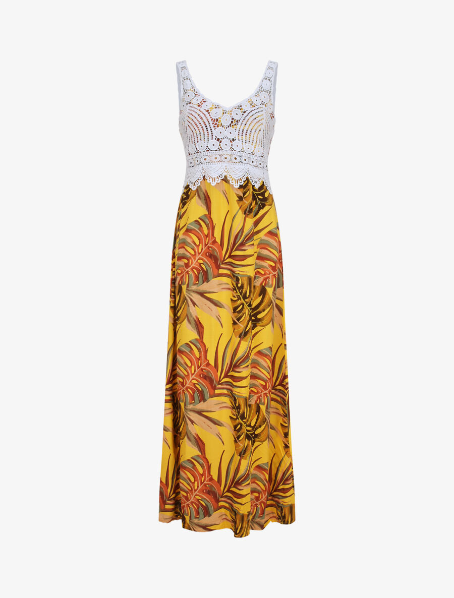 Robe longue imprimé feuilles exotiques et crochet - Jaune - 4