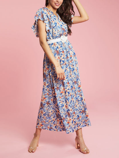 Robe longue empire à manches volantées imprimé aquarelle florale - Bleu/beige - 3