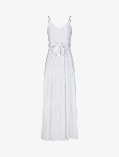 Robe longue empire unie à bretelles à perles - Blanc - 4