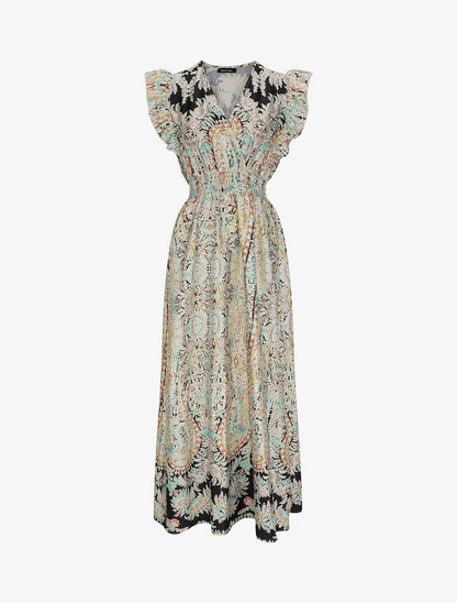 Robe longue empire satinée imprimé cachemire stylisé - Noir - 1