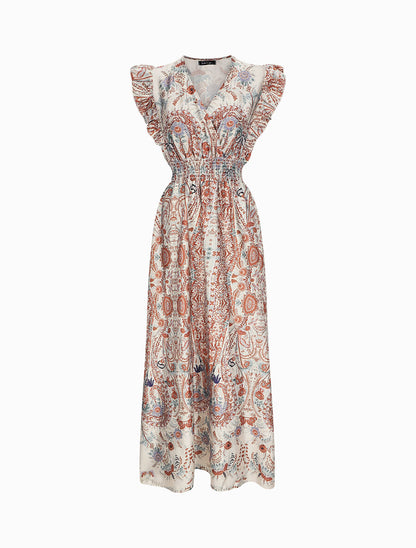 Robe longue empire satinée imprimé cachemire stylisé - Beige - 1