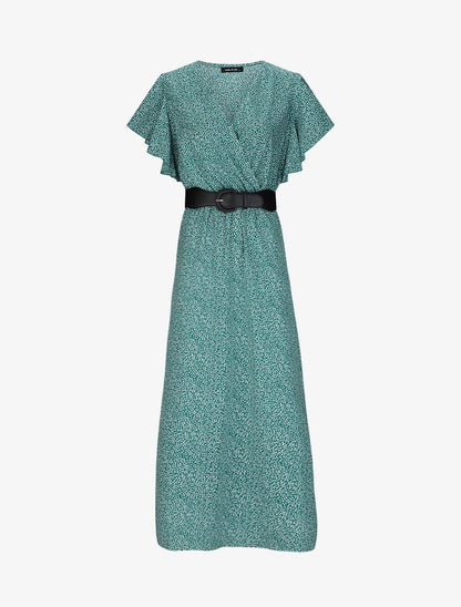 Robe longue empire imprimé fleurs à manches volantées - Vert - 4