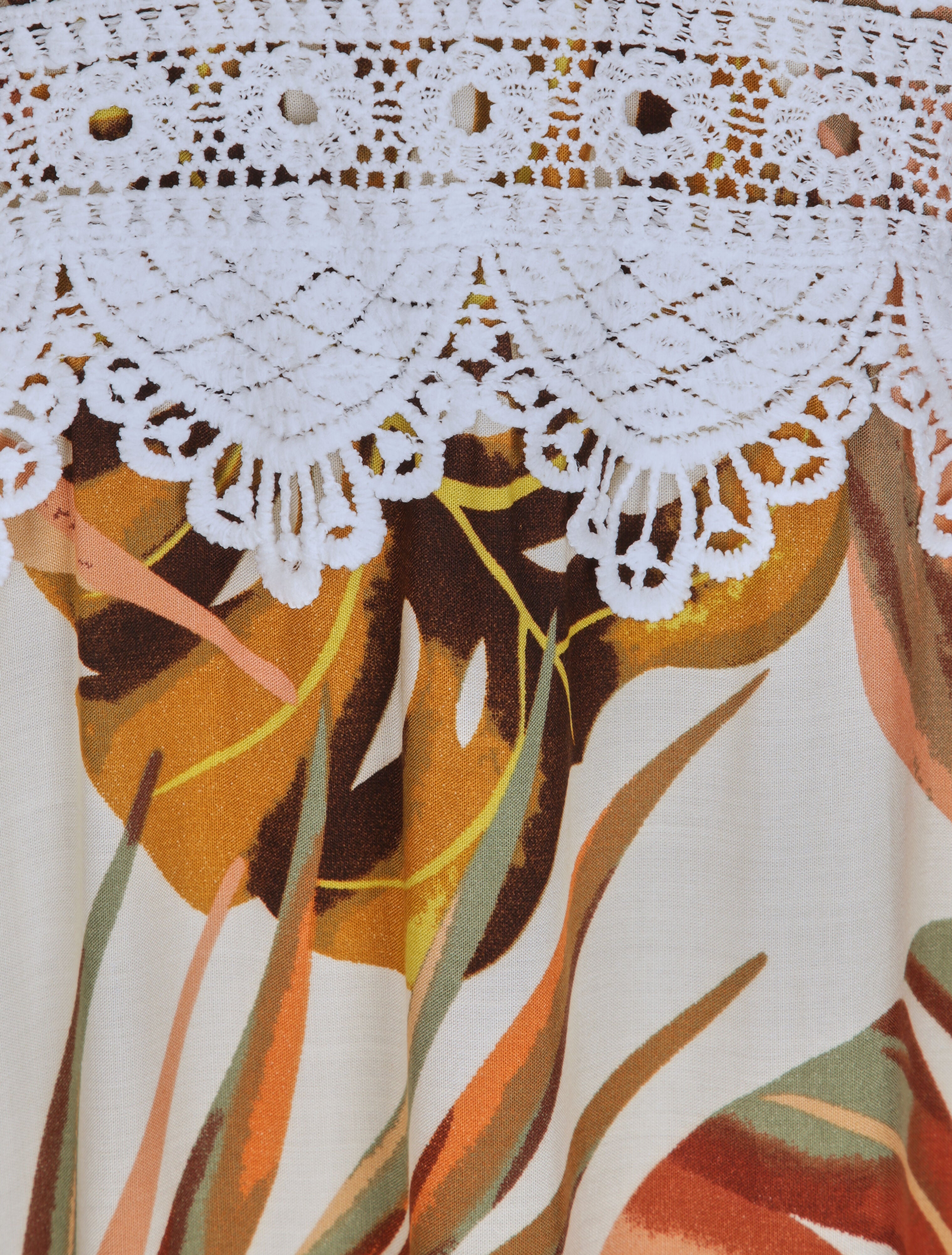 Robe longue imprimé feuilles exotiques et crochet - Beige - 3