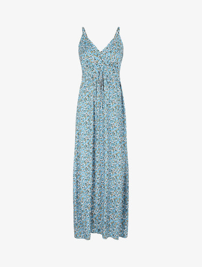 Robe longue cintrée imprimée petites fleurs printanières - Turquoise - 1