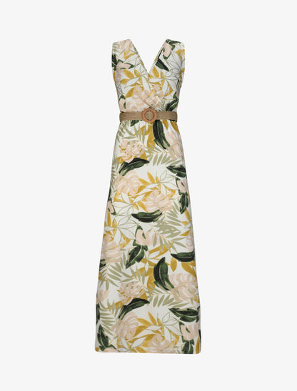 Robe longue empire sans manches imprimé tropical - Écru - 1