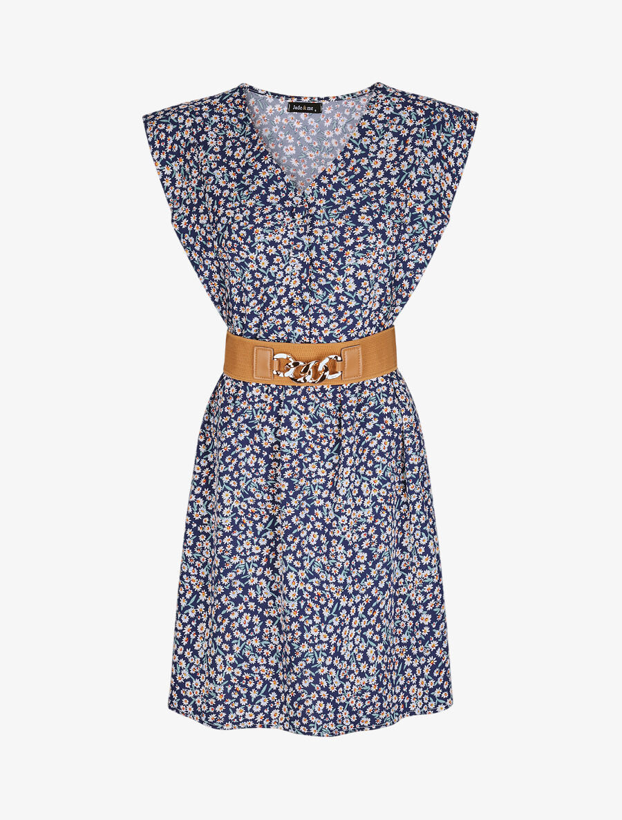 Robe à col V boutonné - Marine - 4